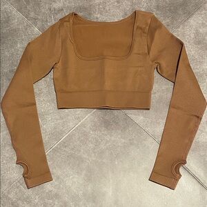 Brown Ribbed Long Sleeve Crop Top